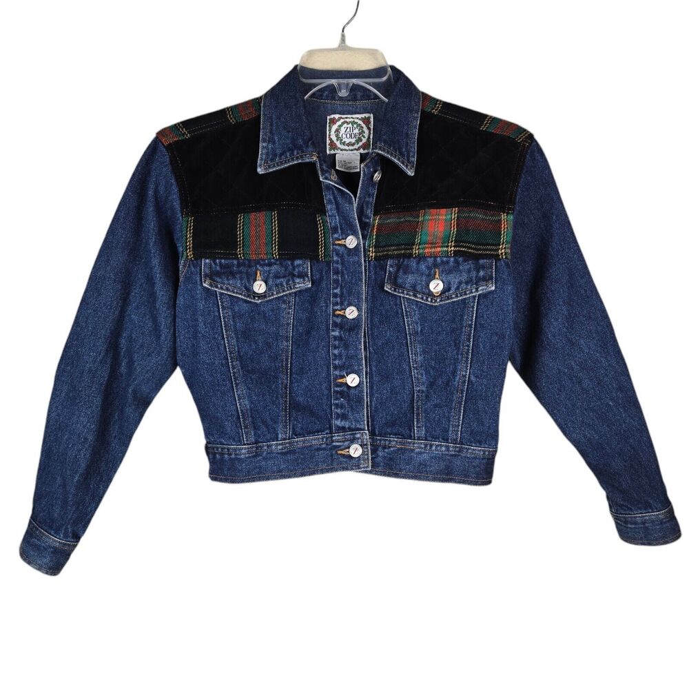 Vtg Zip Code Black Quilted Velvet Plaid Flannel Blue Crop Denim Jean Jacket Sz M